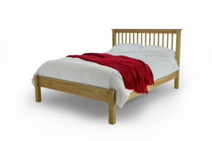 Solid Oak frame in double or king sizes, with 4 cross bars, steel support system and beech sprung slats.