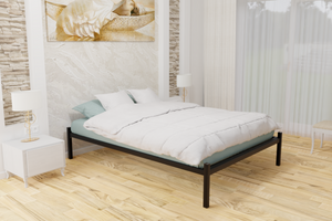 The Feltham Wrought Iron Bed Base is pictured here in black. It is chunky with a very strong welded steel mesh base and comes with fittings for a standard UK sized headboard