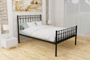 The Twickenham Wrought Iron Bed Frame, pictured here in black with a high foot end style.  It has decorative features to the head and foot ends and a very strong steel mesh base backed by a 5 year guarantee