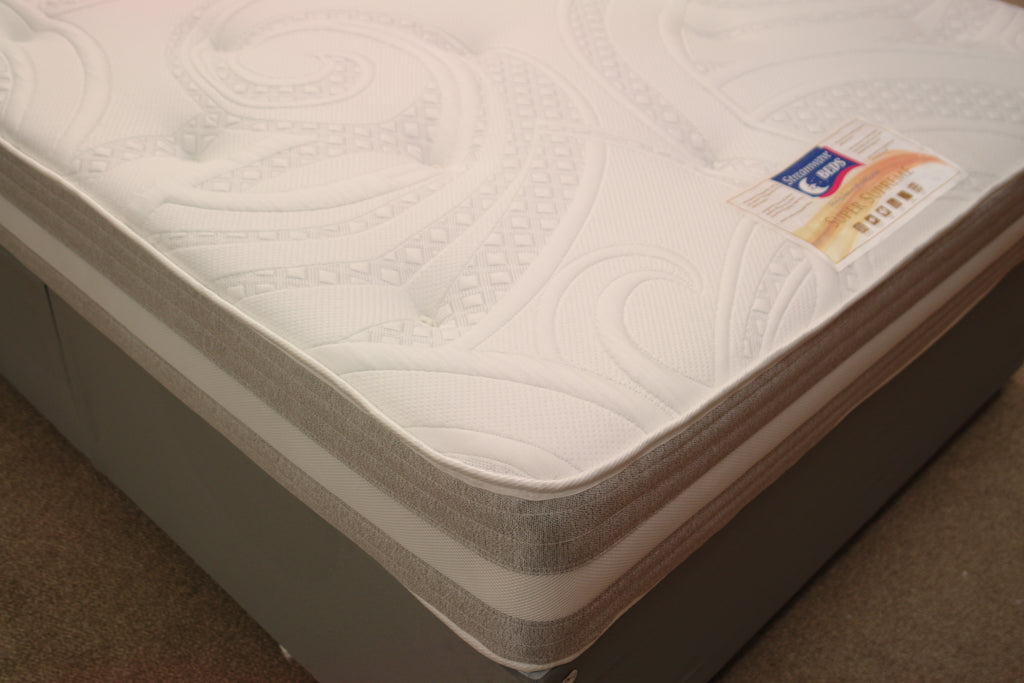 This corner view of the Super Supreme Spring Memory Mattress highlights the vented border and light grey damask fabric. It has 2" Memory foam under a heavy duty stretch knit fabric with Tufts. It's dual season; medium tension on reverse with superior Belgian Damask fabric.