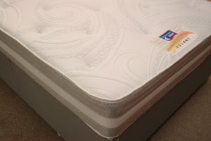 This corner view of the Super Supreme Spring Memory Mattress highlights the vented border and light grey damask fabric. It has 2" Memory foam under a heavy duty stretch knit fabric with Tufts. It's dual season; medium tension on reverse with superior Belgian Damask fabric.