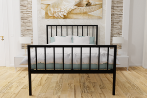 The Pinner Wrought Iron Bed Frame, is pictured here in black with a high foot end style.  It has sleek, straight lines and a very strong steel mesh base backed by a 5 year guarantee