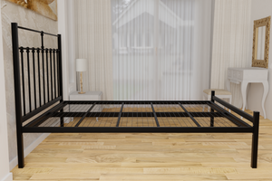 The Eastcote Wrought Iron Bed Frame, is pictured here in black with a low foot end style.  It has decorative features to the head end and a very strong steel mesh base backed by a 5 year guarantee