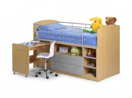 The Glow 3'0" Sleep Station pictured here in Maple with Aluminium features: Mid-height cabin style bed; Pull out desk; 2 large drawers; Large storage shelf; Steps double up as a 3 shelf book case; Solid hardwood slatted base.