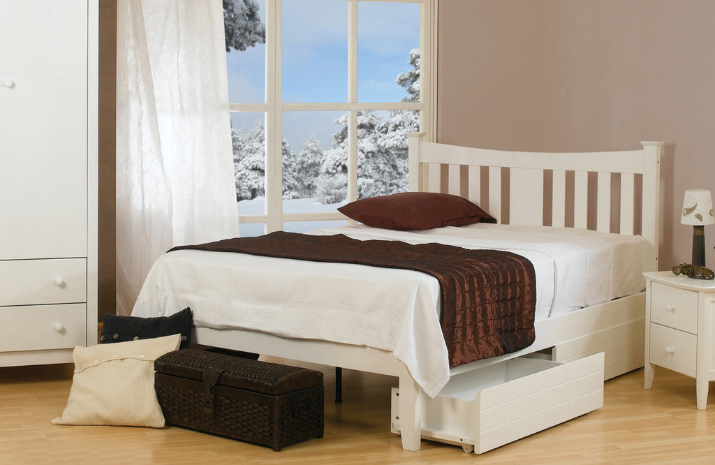 Hardwood storage drawer on castors shown here in white finish under the Snowdon Frame. They come in pairs. Each drawer has dimensions: Height: 26 cm Width: 93 cm Depth: 57 cm