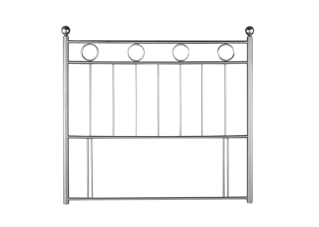 A contemporary modern floor standing headboard. Crafted to an exceptional standard. With the top bar and circles all being Chrome and the rest finished in Silver.