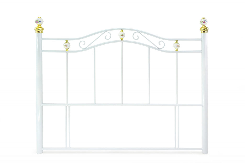 The Warminster White Metal Headboard is floor standing for extra stability. The decorated porcelain finials have gold detailing. Available in 3', 4', 4'6" & 5'. A really unique white metal headboard. Crafted to exceptional standards.
