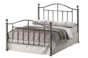 Wiltshire Gunmetal Nickel Plated Frame is a simply stunning looking frame, with the head end 124 cm high and foot end 96.5cm high, both featuring a curved rail and matching coloured finials. It has a very strong slatted base and also has one centre leg for additional support..