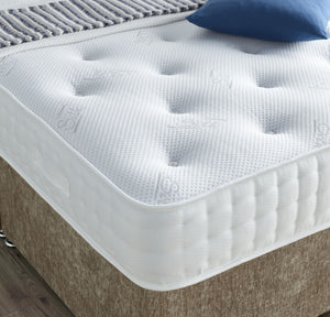 The Fulmer 1000 Pocket Divan Set, pictured in Mink Chenille. Features: Medium tension; 1000 nestled pocket springs; 5cm high grade memory foam with open cell technology; Dual season - reversible side with no memory foam; Hypo-allergenic and Dust Mite Repellent