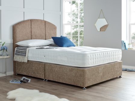 The Fulmer 1000 Pocket Divan Set, pictured in Mink Chenille with the Swanley 54" floor standing headboard. Features: Medium tension; 1000 nestled pocket springs; 5cm high grade memory foam with open cell technology; Dual season - reversible side with no memory foam; Hypo-allergenic and Dust Mite Repellent