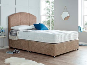 The Fulmer 1000 Pocket Divan Set, pictured in Mink Chenille with the Swanley 54" floor standing headboard. Features: Medium tension; 1000 nestled pocket springs; 5cm high grade memory foam with open cell technology; Dual season - reversible side with no memory foam; Hypo-allergenic and Dust Mite Repellent