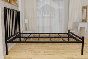 The Pinner Wrought Iron Bed Frame, is pictured here in black with a low foot end style.  It has sleek, straight lines and a very strong steel mesh base backed by a 5 year guarantee