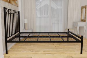 The Twickenham Wrought Iron Bed Frame, pictured here in black with a low foot end style.  It has decorative features to the head end and a very strong steel mesh base backed by a 5 year guarantee