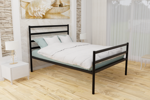 The Brentford Wrought Iron Bed Frame, is pictured here in black with a high foot end style.  It has tubular posts and a very strong steel mesh base backed by a 5 year guarantee