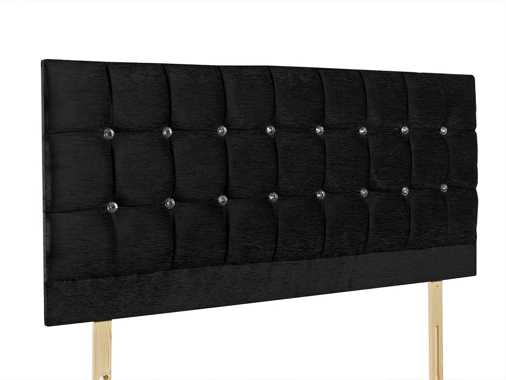 The Madrid Crystals 24" Strutted Headboard, pictured in black chenille with diamante buttons, or you can request matching fabric buttons. Available in 60 fabrics and colours. 