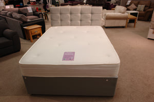 This Rhapsody Divan Set is pictured here with an 18" Buttonned Minister headboard in Silver Plush Velvet. The mattress featues Surelux memory foam which moulds to the unique contours of your body.  It is energy absorbing and temperature sensitive, leaving you feeling rejuvenated