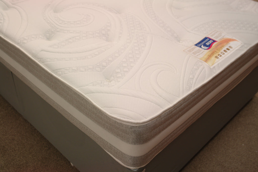 This corner view of the Super Supreme Spring Memory Mattress highlights the vented border and light grey damask fabric. It has 2" Memory foam under a heavy duty stretch knit fabric with Tufts. It's dual season; medium tension on reverse with superior Belgian Damask fabric. 