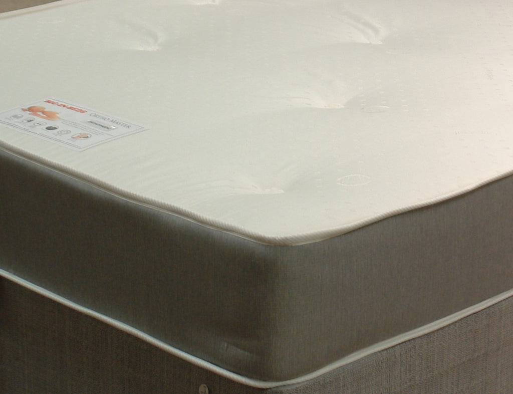 This corner view of the Backcare Ortho Master Spring Mattress highlights the border fabric in light grey damask. It’s turnable with both sides in white tufted damask fabric. The heavy duty double insulated pad and super compressed fillings over the 13.5 gauge rod edged Bonnell spring unit give an extra firm feel.