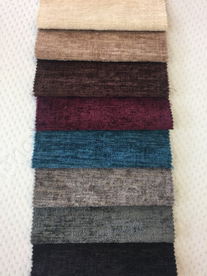 Chenille from top: Cream, Mink, Brown, Aubergine, Teal, Silver, Charcoal, Black