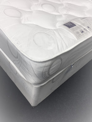 Features: Comfort level - Medium tension; Bonnell spring unit with steel rod-edge; Multi-quilted layers of poly-cotton filling; Woven damask cover; Base fabric matches mattress