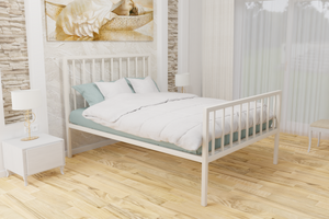 The Pinner Wrought Iron Bed Frame, is pictured here in ivory with a high foot end style.  It has sleek, straight lines and a very strong steel mesh base backed by a 5 year guarantee