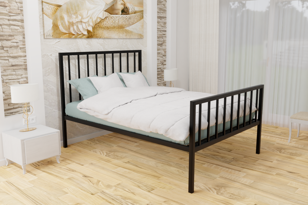 The Pinner Wrought Iron Bed Frame, is pictured here in black with a high foot end style.  It has sleek, straight lines and a very strong steel mesh base backed by a 5 year guarantee