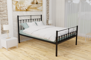 The Eastcote Wrought Iron Bed Frame, is pictured here in black with a high foot end style.  It has decorative features to the head and foot ends and a very strong steel mesh base backed by a 5 year guarantee