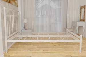 The Eastcote Wrought Iron Bed Frame, is pictured here in ivory with a low foot end style.  It has decorative features to the head end and a very strong steel mesh base backed by a 5 year guarantee