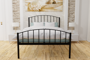 The Stanmore Wrought Iron Bed Frame, is pictured here in black with a high foot end style.  It has sleek lines, curves and a very strong steel mesh base backed by a 5 year guarantee