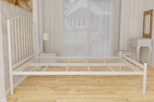 The Stanmore Wrought Iron Bed Frame, is pictured here in ivory with a low foot end style.  It has sleek lines, curves and a very strong steel mesh base backed by a 5 year guarantee