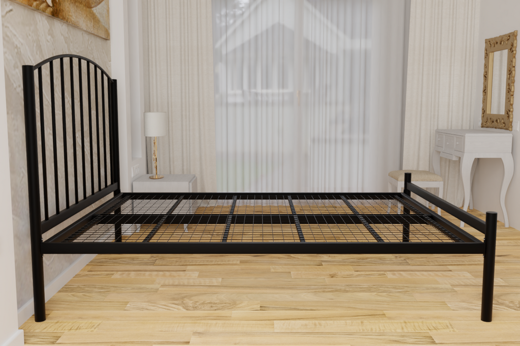 The Stanmore Wrought Iron Bed Frame, is pictured here in black with a low foot end style.  It has sleek lines, curves and a very strong steel mesh base backed by a 5 year guarantee