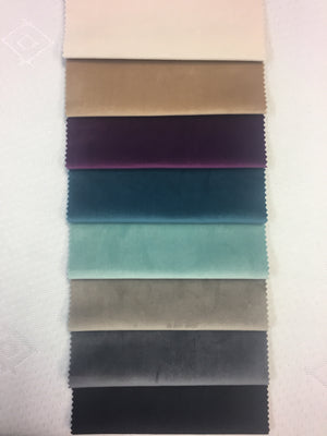 Plush Velvet colours from top: Ivory, Beige, Plum, China Blue, Duck Egg, Light Grey, Charcoal, Black
