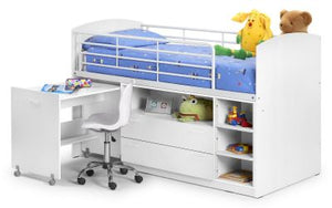 The Glow 3'0" Sleep Station pictured here in White features: Mid-height cabin style bed; Pull out desk; 2 large drawers; Large storage shelf; Steps double up as a 3 shelf book case; Solid hardwood slatted base.