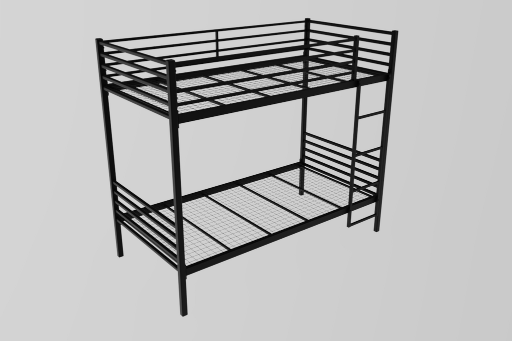 Acton Wrought Iron heavy duty bunk bed frame in black with welded metal mesh base. Fits UK standard single size mattresses. Height 178 cm, Length 198 cm, width 93 cm.