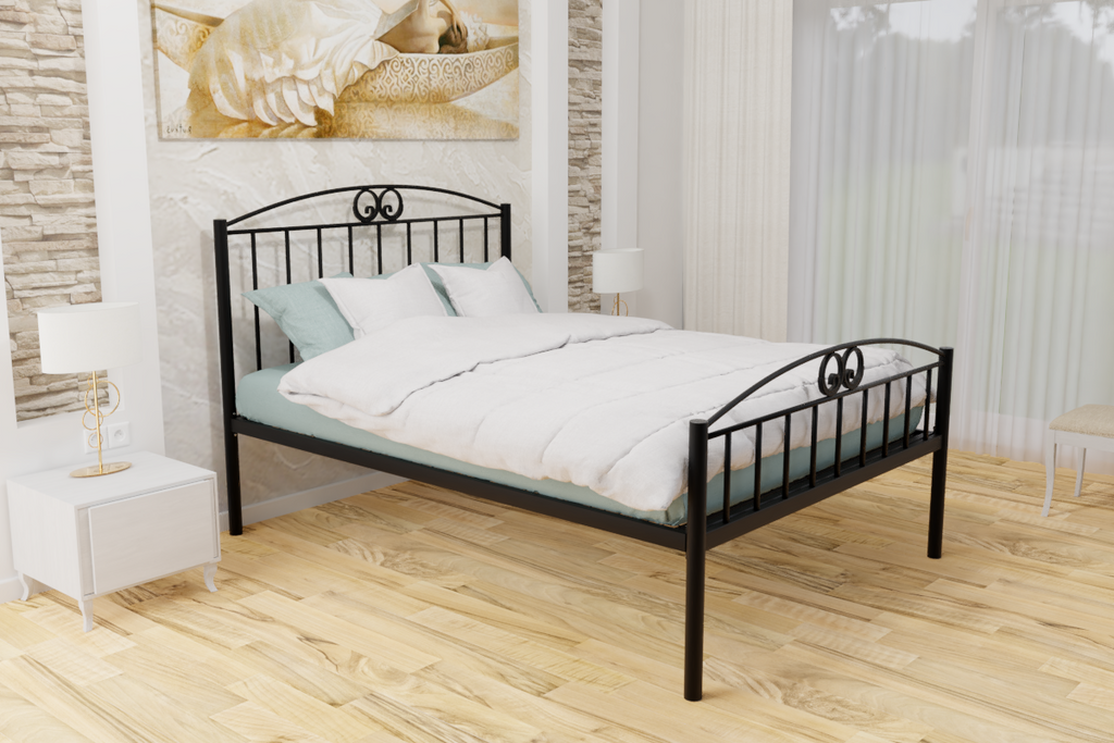 The Holly Wrought Iron Bed Frame, pictured here in black with a high foot end style.  It has decorative features to the head and foot ends, together with a very strong steel mesh base backed by a 5 year guarantee