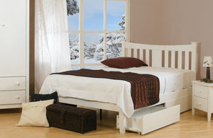 Snowdon hardwood bed frame pictured in white finish. Sprung slats, central support leg. UK sizes 3', 4', 4'6", 5'