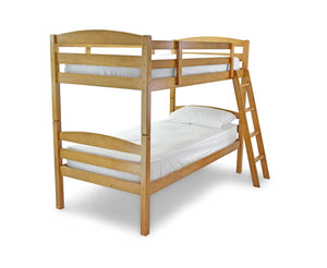 Koda Harwood Bunk pictured in Maple Stain. Featuring laminated side rails, solid hardwood slats for both strength and durability. The bunk can also be separated into 2 standard single beds if required and the ladder can be placed at either end.