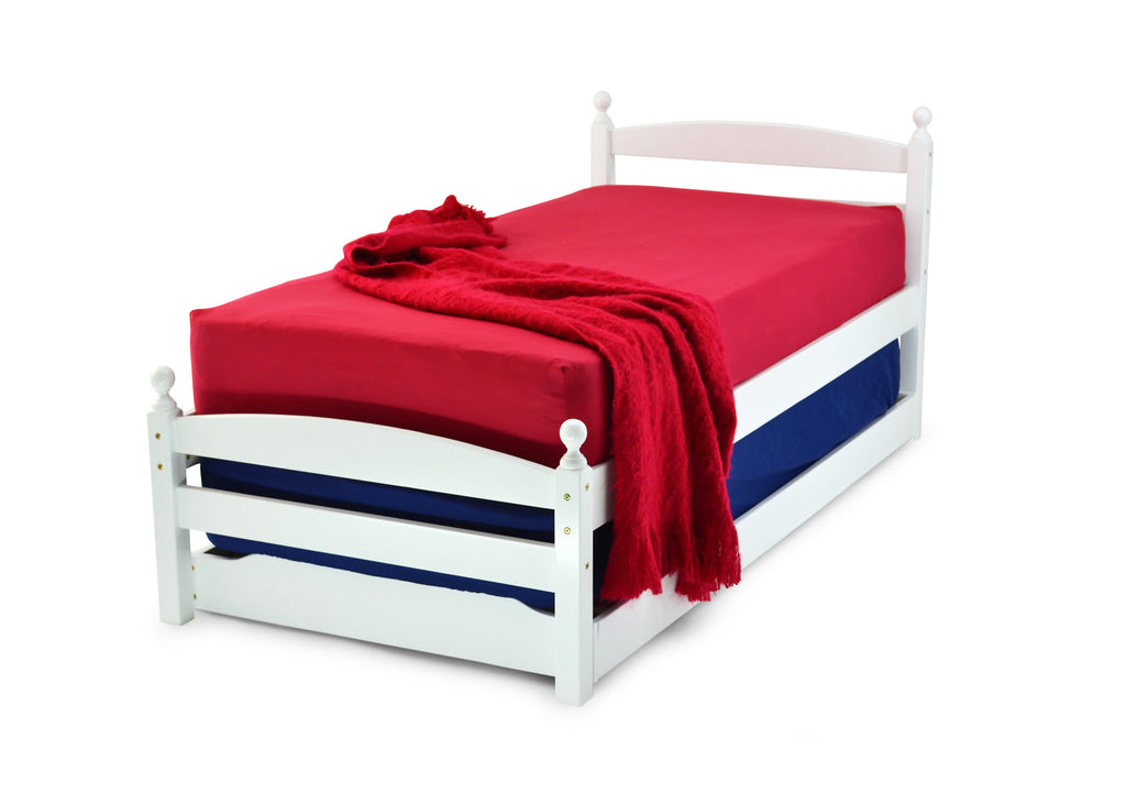 The Koda Guest Bed, is pictured here with the under bed tucked away. It's of hardwood construction including solid slats. The side rails are laminated side rails and have two bolts for extra strength.