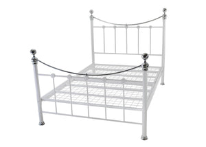This Oxford metal frame, pictured here in white, features traditional high foot end style, chrome rails & finials, strong contract quality metal mesh base