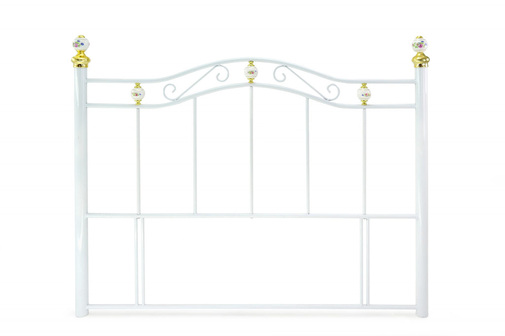 The Warminster White Metal Headboard is floor standing for extra stability. The decorated porcelain finials have gold detailing. Available in 3', 4', 4'6" & 5'. A really unique white metal headboard. Crafted to exceptional standards. 