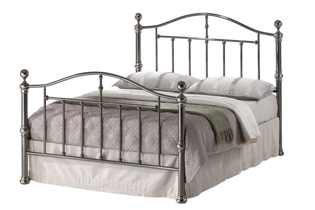 Wiltshire Gunmetal Nickel Plated Frame is a simply stunning looking frame, with the head end 124 cm high and foot end 96.5cm high, both featuring a curved rail and matching coloured finials. It has a very strong slatted base and also has one centre leg for additional support..