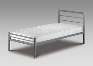 This Pennine contemporary style metal frame in a powder coated aluminium finish, is a timeless design that complements a wide range of interior styles. The sprung slatted base helps to prolong your mattress life and give you a comfortable night's sleep.
