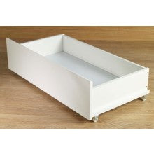 Hardwood storage drawer on castors shown here in white finish. They come in pairs. Each drawer has dimensions: Height: 26 cm  Width: 93 cm  Depth: 57 cm